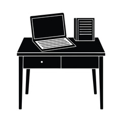 Minimalist office desk silhouette featuring open laptop with documents clearly in white