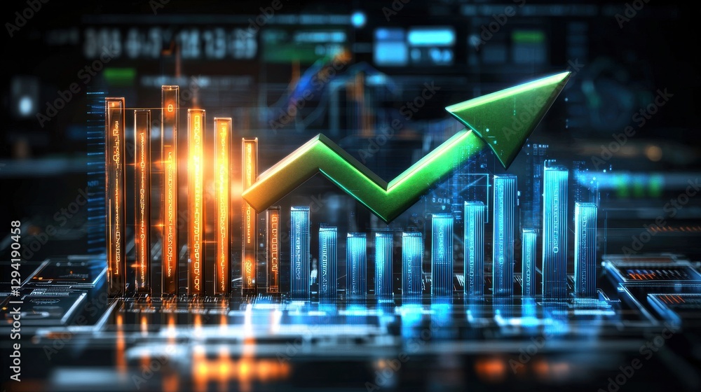 Poster futuristic financial graph analysis digital workspace data insights