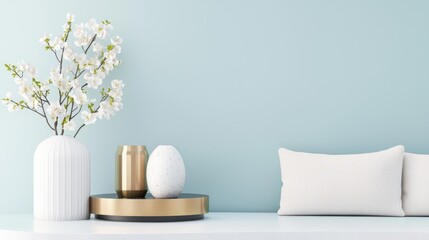 Elegant minimalistic interior decor featuring white flowers, decorative vases, and a soft cushion against a serene pastel wall for modern home aesthetics