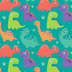 Seamless pattern with cute cartoon dinosaurs in bright colors on a green background. Fun prehistoric animal design for childrens prints, textiles, wallpapers, and decorations.