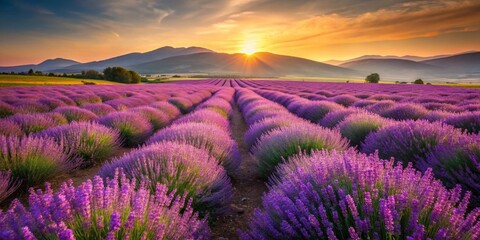 Obraz premium Minimalist Lavender Field, Rural Summer Serenity, Purple Flowers, Countryside Landscape