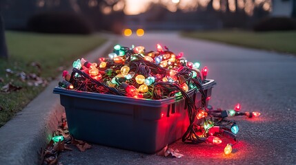 Outdoor holiday lights laid out on a driveway next to a plastic storage bin full of extension cords