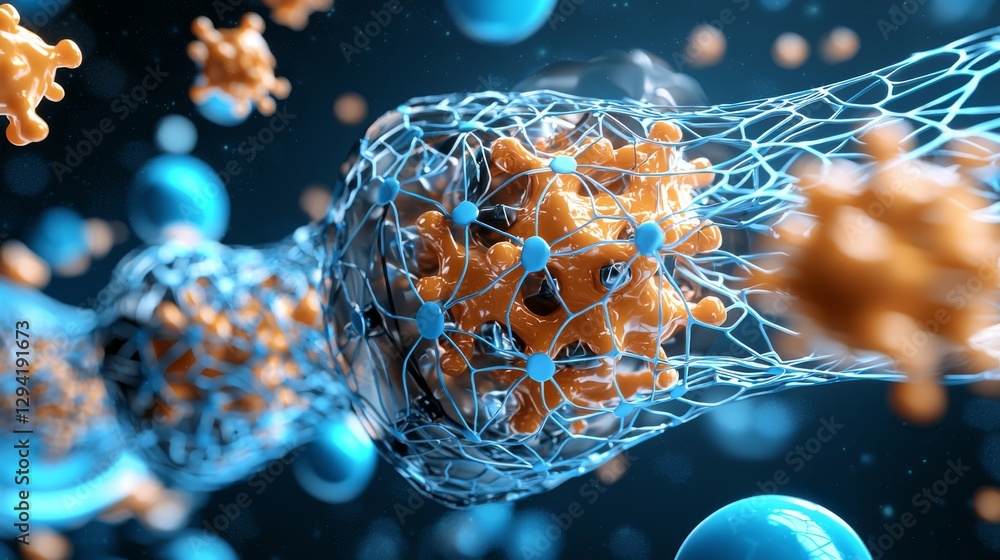 Poster microscopic render of networked cells abstract visualization science environment digital artwork hig