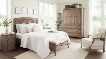 Fototapeta premium Serene Bedroom Interior: Captivating a harmonious blend of rustic charm and modern comfort, showcasing a cozy bedroom bathed in soft, natural light. A haven of tranquility and relaxation.