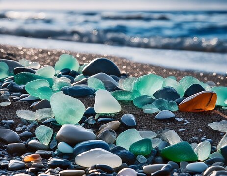 sea glass and stones on beach with natural ice like texture