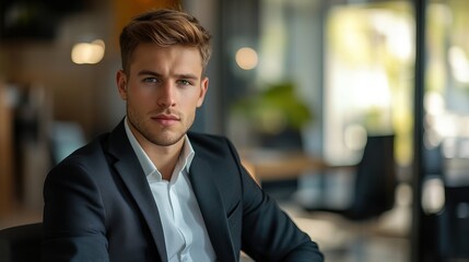 Obraz premium Confident young man in formal attire at a modern desk, embodying professionalism and ambition. 