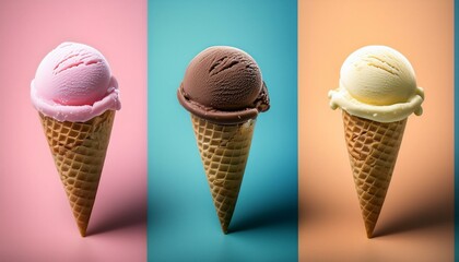 three scoops of ice cream on cone