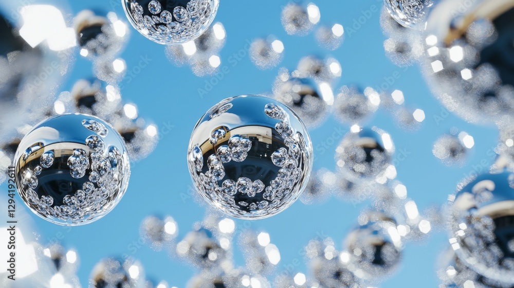 Poster shimmering bubbles floating in a clear blue sky creating a dreamy and magical atmosphere of light an
