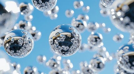 Shimmering Bubbles Floating in a Clear Blue Sky Creating a Dreamy and Magical Atmosphere of Light and Reflection