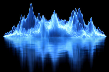 Abstract digital landscape reflecting on a calm water surface; glowing blue wireframe mountains, perfect for tech, data visualization or futuristic themes.