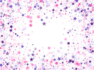 Flying stars confetti holiday vector in pink violet purple on white. Fairytale magic card backdrop. Cool flying stars scatter background. Salute celebration elements isolated.