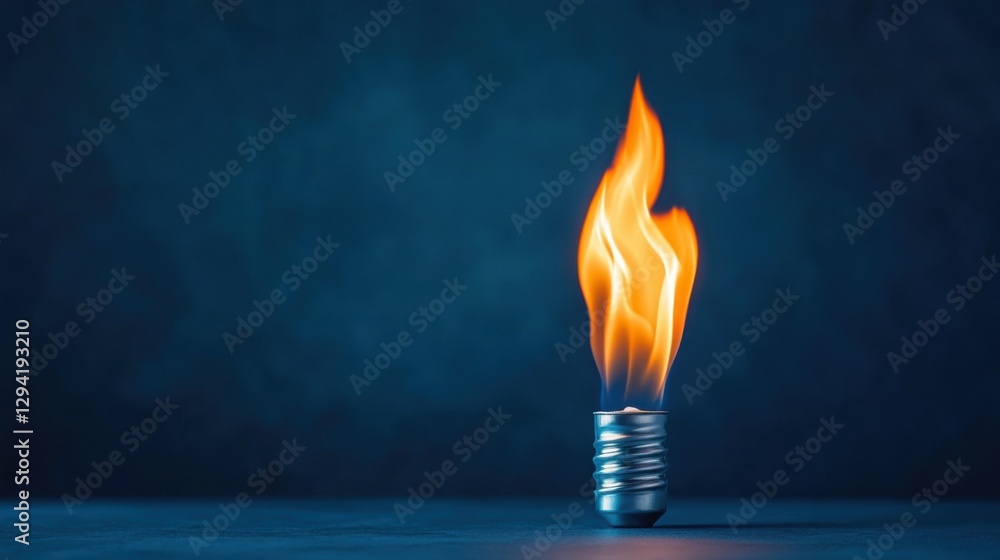 Poster light bulb with flame igniting brightly against a dark background in an artistic conceptual represen
