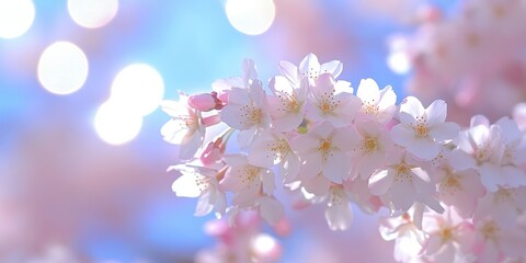 Fototapeta premium Softly Blooming Cherry Blossoms. Macro Pink and White Petals with Blurry Blue Sky with Bright