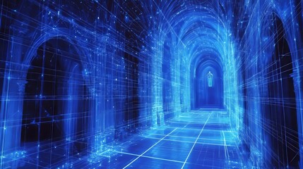 Digital Cathedral Blue Glowing Wireframe Structure of a Gothic Architecture Interior.