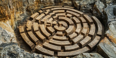 A wooden labyrinth carved into a mountainside, intricate and mysterious, an ancient puzzle waiting to be solved