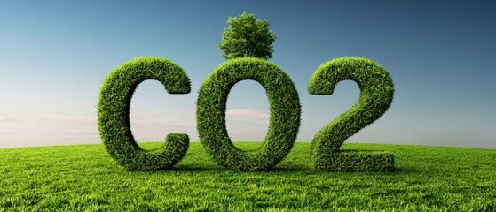 ESG - Environment, Society, and Governance. Green letters forming CO2 surrounded by vibrant grass and a clear sky, symbolizing nature and sustainability.