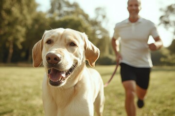 Happy dog running alongside owner in sunny park, enjoying outdoo