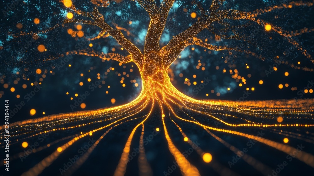 Poster glowing tree roots connecting in dark space