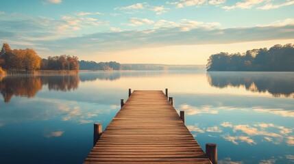 Fototapeta premium A wooden pier with sun-bleached planks extending into a tranquil lake, reflections on the water, peaceful scene