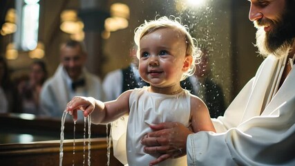 a child is baptized in water in a Christian church, a religious rite, a sacrament, Orthodoxy, Catholicism, a temple, a priest, baptism, christening, immersion, Epiphany