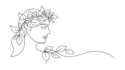 Singleline drawing of a womans profile adorned with a leaf wreath. Minimalist style, emphasizing beauty and nature. Elegant and graceful, showcasing feminine features.