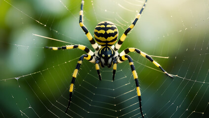 A striking black and yellow striped Argiope bruennichi, also known as the wasp spider.