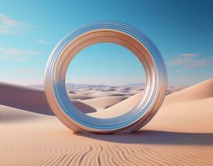 3d rendered circular ring portal stands in a tranquil desert surrounded by soft pastel colored sand dunes under a clear blue sky