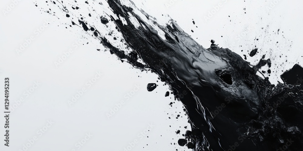 Poster black liquid splashes against a white background creating an artistic contrast in motion and texture