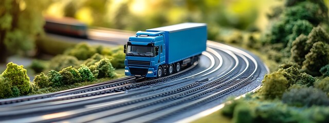 Miniature Truck on Curved Track, Lush Green Background, Transportation