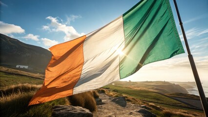 Majestic Irish flag waving in the sunlight against scenic landscape representing national pride and identity