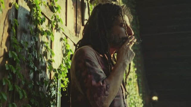 hippie Rastafarian Man smoking a cigarette  by a Lush Wooden Fence rastaman with dreadlocks smoking a marijuana joint outdoor sunset time