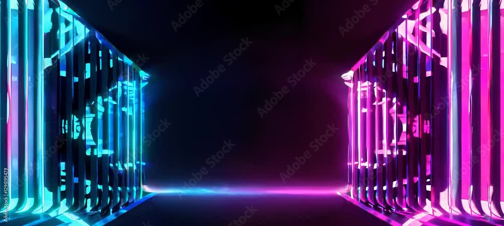 Poster futuristic neon light tunnel with dynamic color shift and geometric patterns