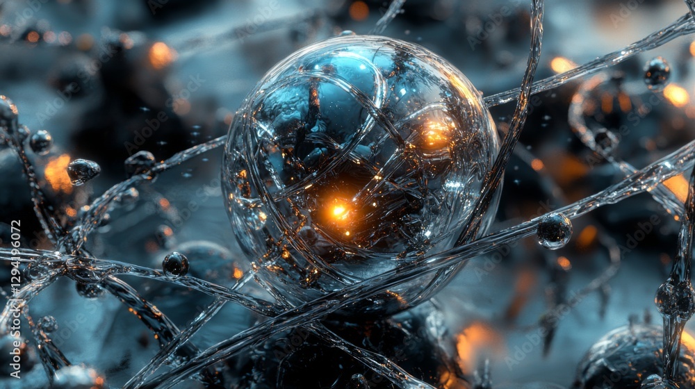 Poster intricate abstract visual of glowing spheres and intertwined structures in futuristic digital landsc