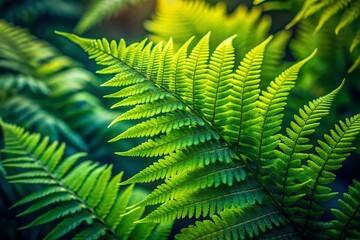 Detailed Close-up of Lush Green Fern Leaves, Natural Texture and Light