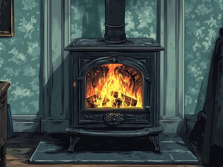 Cozy wood burning stove in a vintage room. Possible use Stock photo for interior design or home decor