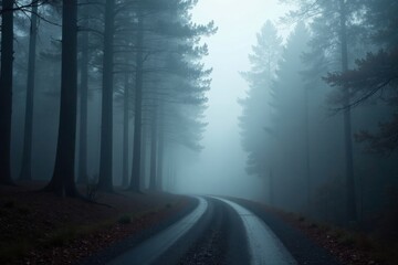 Fototapeta premium Mysterious Fog Envelops a Winding Forest Road, Leading to an Unknown Destination