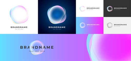 Fluid bubble AI logo set. Abstract amorphous gradient transparency shape. Modern soft wavy design symbol. Artificial intelligence, digital innovation and creativity. Trendy luminous branding element
