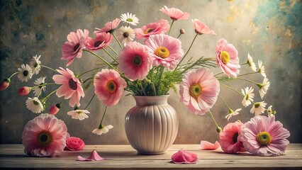 Obraz premium Minimalist Pink Poppies & Daisies in a Large Vase on a Table - Soft Light, Rounded Shapes