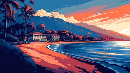 Tropical beach resort at sunset; scenic view of a relaxing beach resort