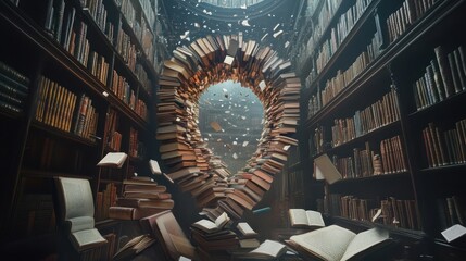 A wormhole opening in a historical library, books floating and pages flipping in reverse