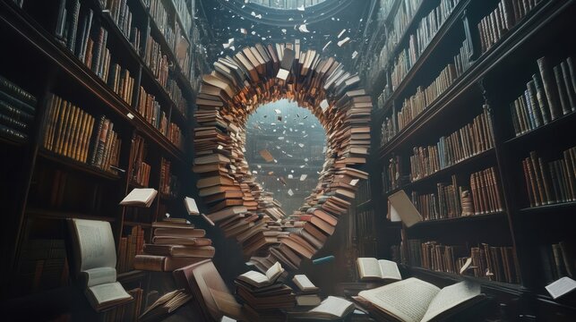 A wormhole opening in a historical library, books floating and pages flipping in reverse