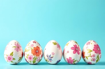 Fototapeta premium Easter eggs with floral patterns on a blue background