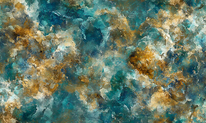 Abstract watercolor texture background featuring teal, gold, and brown hues. Ideal for design projects needing a luxurious, earthy feel.