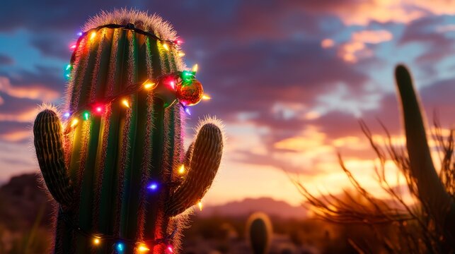 Festive Desert Christmas Cactus Decorated with Colorful Lights at Sunset.