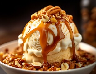 delicious dessert featuring a creamy ice cream sundae topped with caramel and crunchy nuts