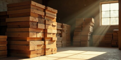 Sunlit Stacks of Planed Lumber in a Rustic Workshop Setting