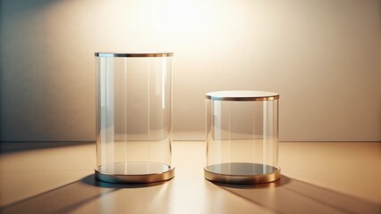 Minimalist Product Display: Cylindrical Glass Podiums with Soft Shadows on Light Background