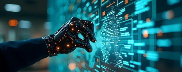 A cybernetic hand writing on a glowing digital surface with intricate data visualizations futuristic office blue and green holographic projections.