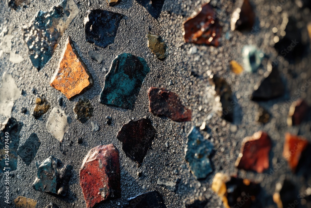 Aufkleber close-up view of a textured surface with embedded colorful fragments, creating a mosaic-like pattern