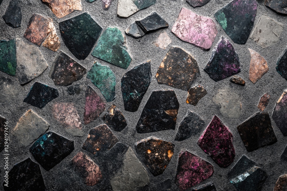 Poster irregularly shaped multicolored stones set in gray cement, creating a mosaic-like texture.